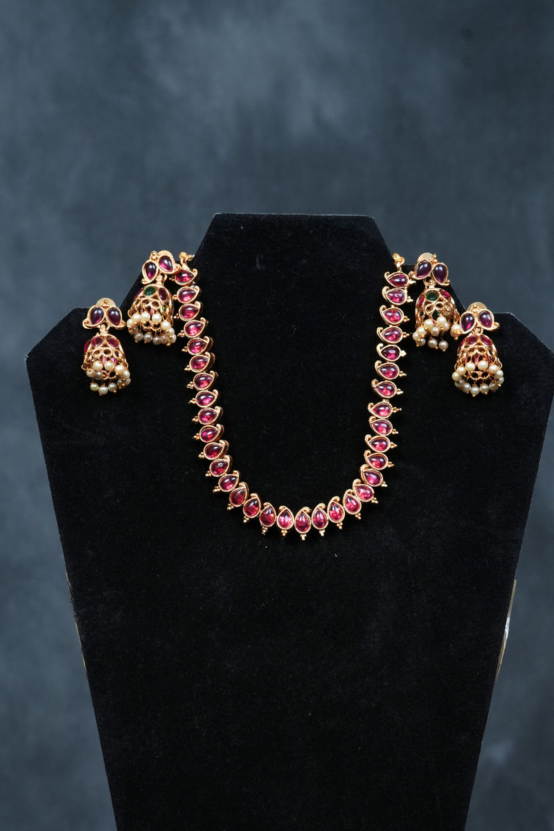 Dual Charm Delight: Matte Finish Neckset with Pink and Green Stones
