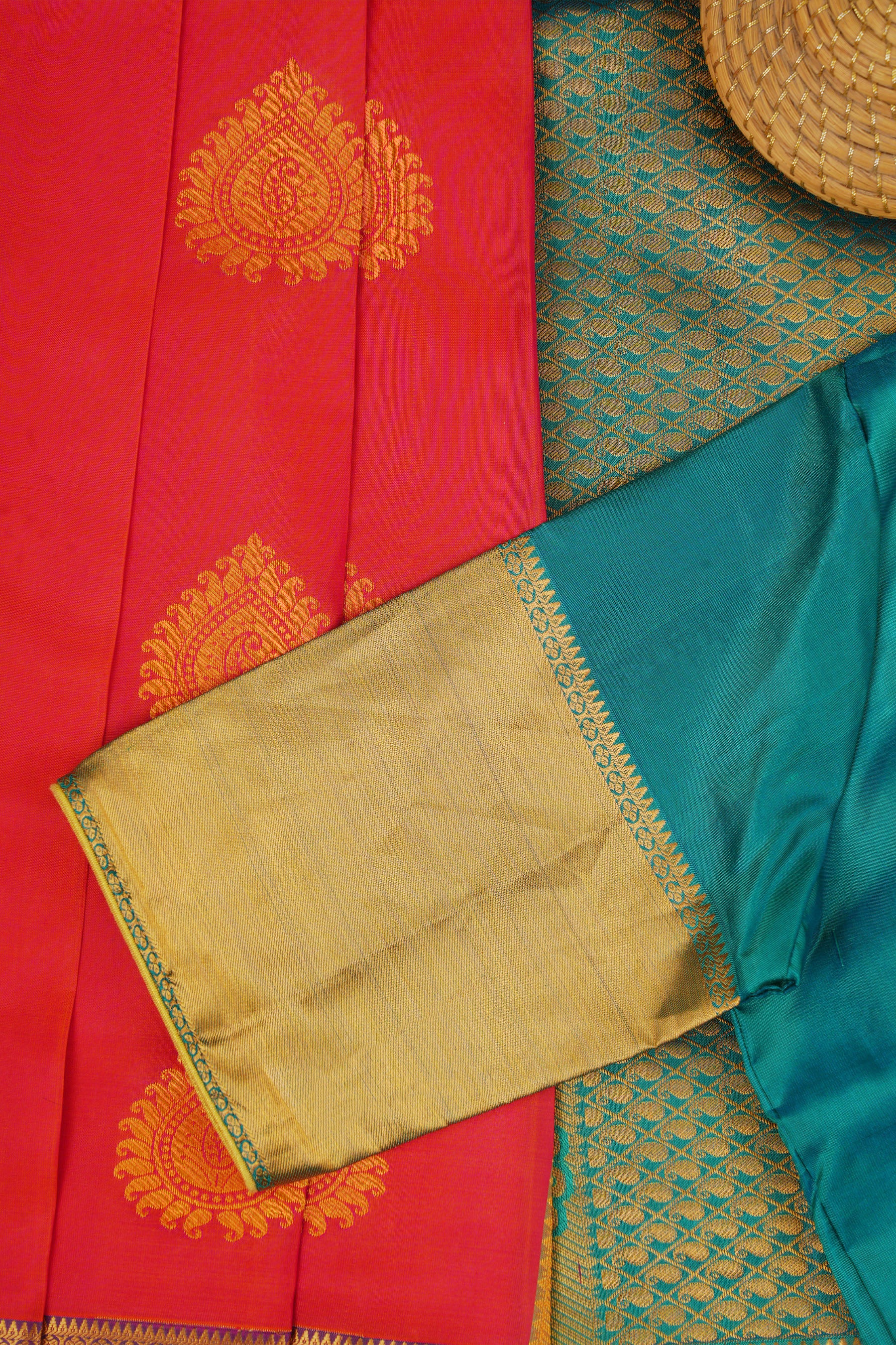 Red Handloom Silk Saree with Grand Pallu & Stitched - View 5 - JCS Fashions