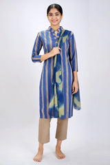 Blue Striped Cotton 3 Piece Kurti Set - AI Model Photo 1
