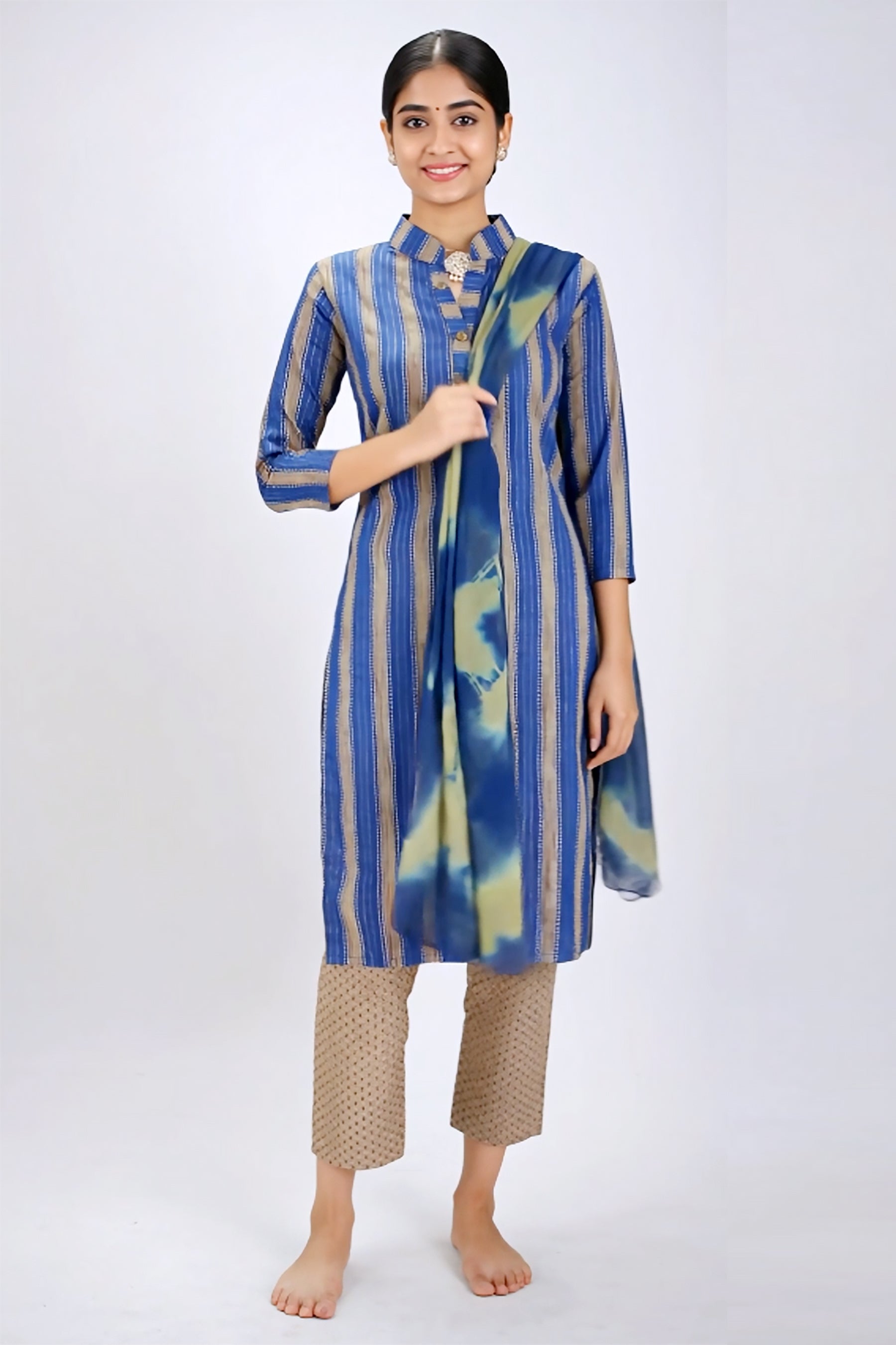 Blue Striped Cotton 3 Piece Kurti Set - AI Model Photo 1