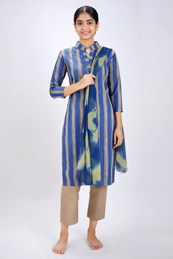 Blue Striped Cotton 3 Piece Kurti Set - AI Model Photo 1
