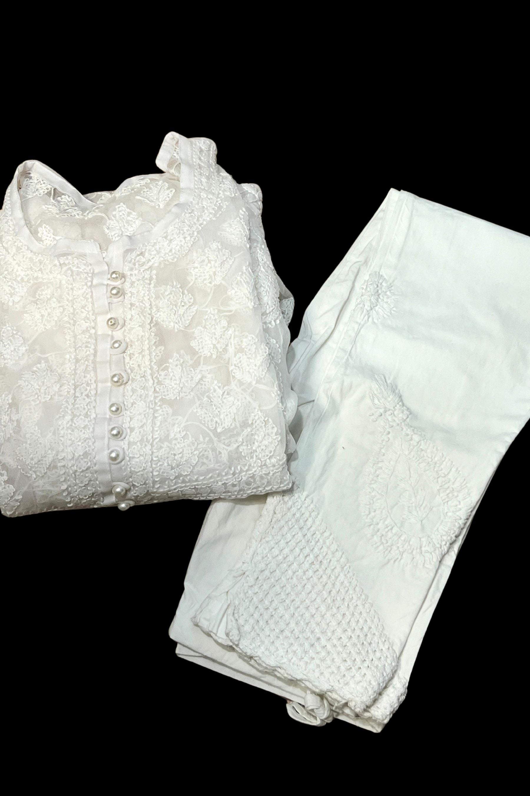 Stylish Georgette Chickenkari Kurti with Matching Pants | JCSFashions KURTI JCS Fashions White Large (40)