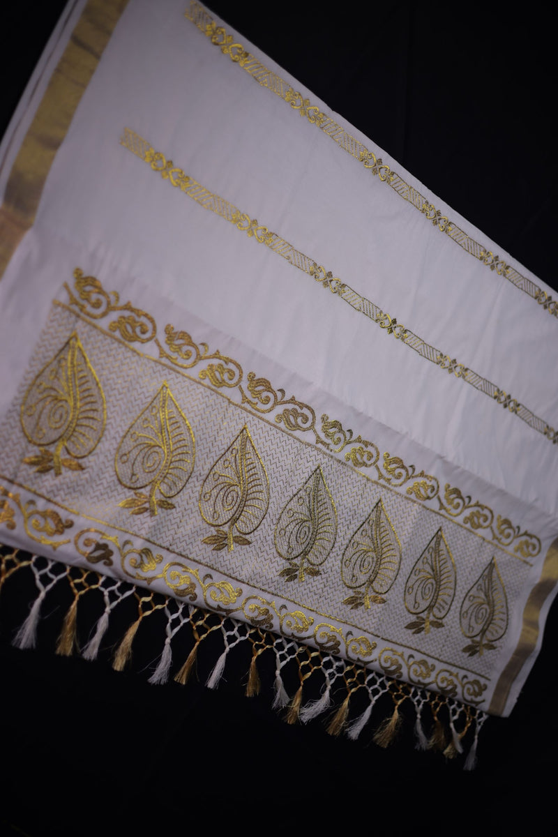 Premium Kerala Cotton Saree with Embroidery and Copper Zari Border