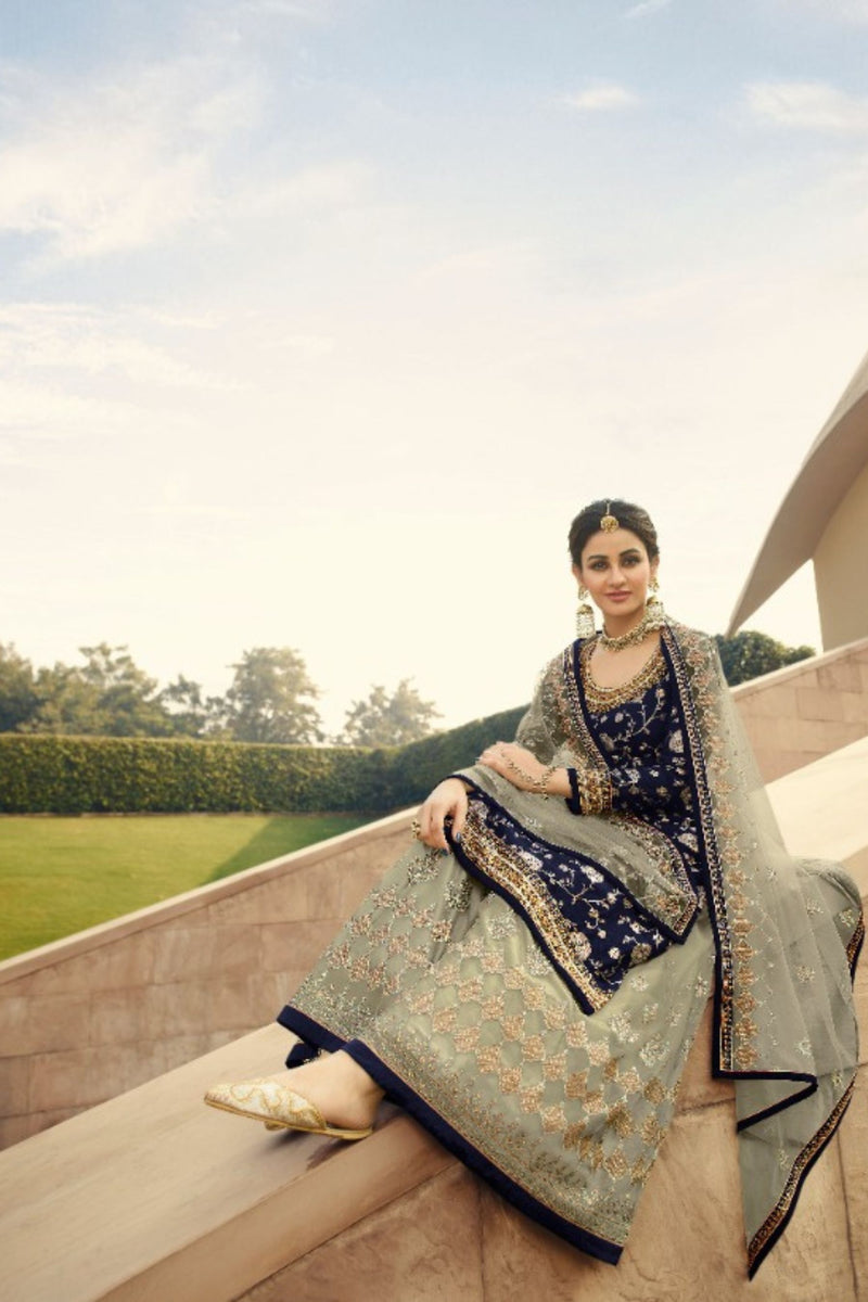 Sharara Suit With Intricate Stone and Embroidery work in Navy Blue
