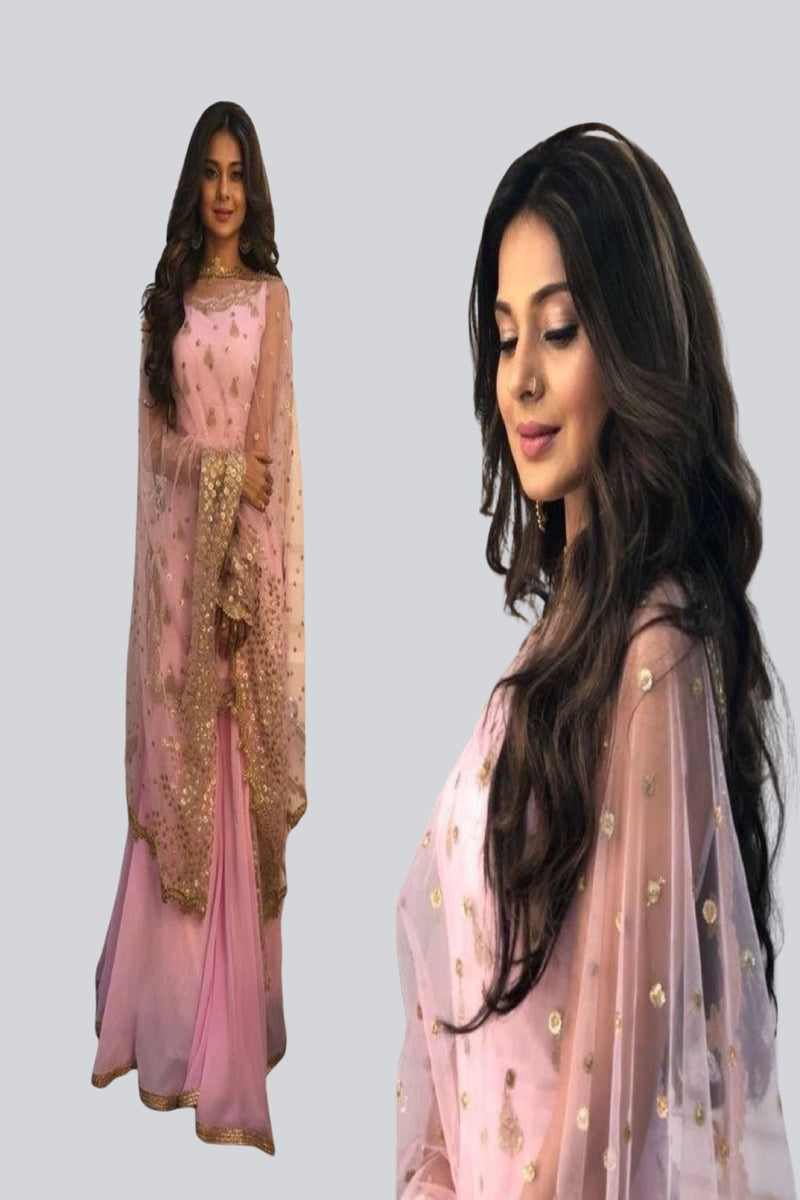 Elegant Pink Georgette Short Kurti with Sharara Pants - Gold Embroidery
