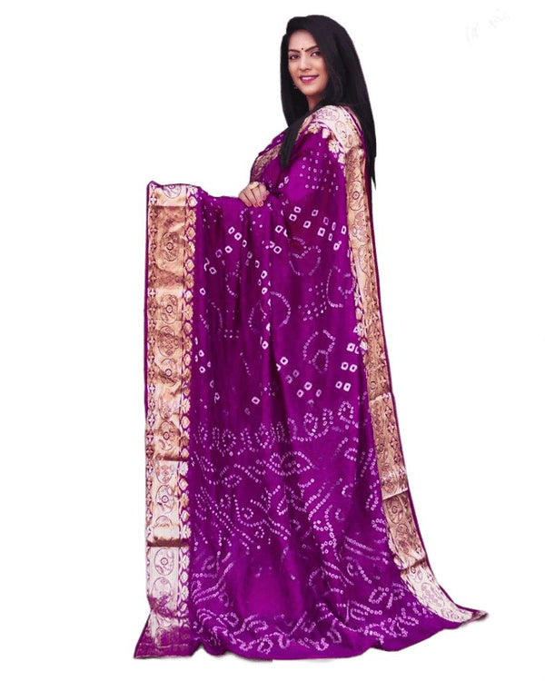 Indian Traditional Pure Bandhej Silk Saree with Zari Weaving in Lavender