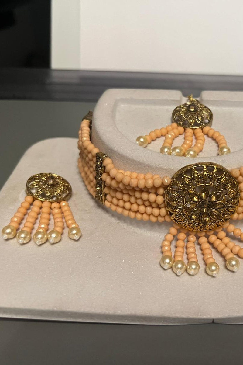Stunning Peach Beaded Jewelry Set - Matte Finish Choker, Earrings & Tikka