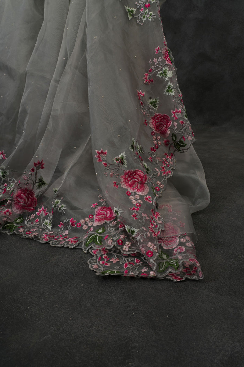 Dazzling Organza Silk Saree: Exquisite Embroidery and Diamond Work