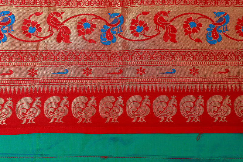 Yeola Paithani Silk Saree, Green with Red, Fully stitched blouse