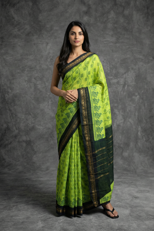 Green Poly Cotton Floral Print Saree for Daily Wear - AI Model Photo 1