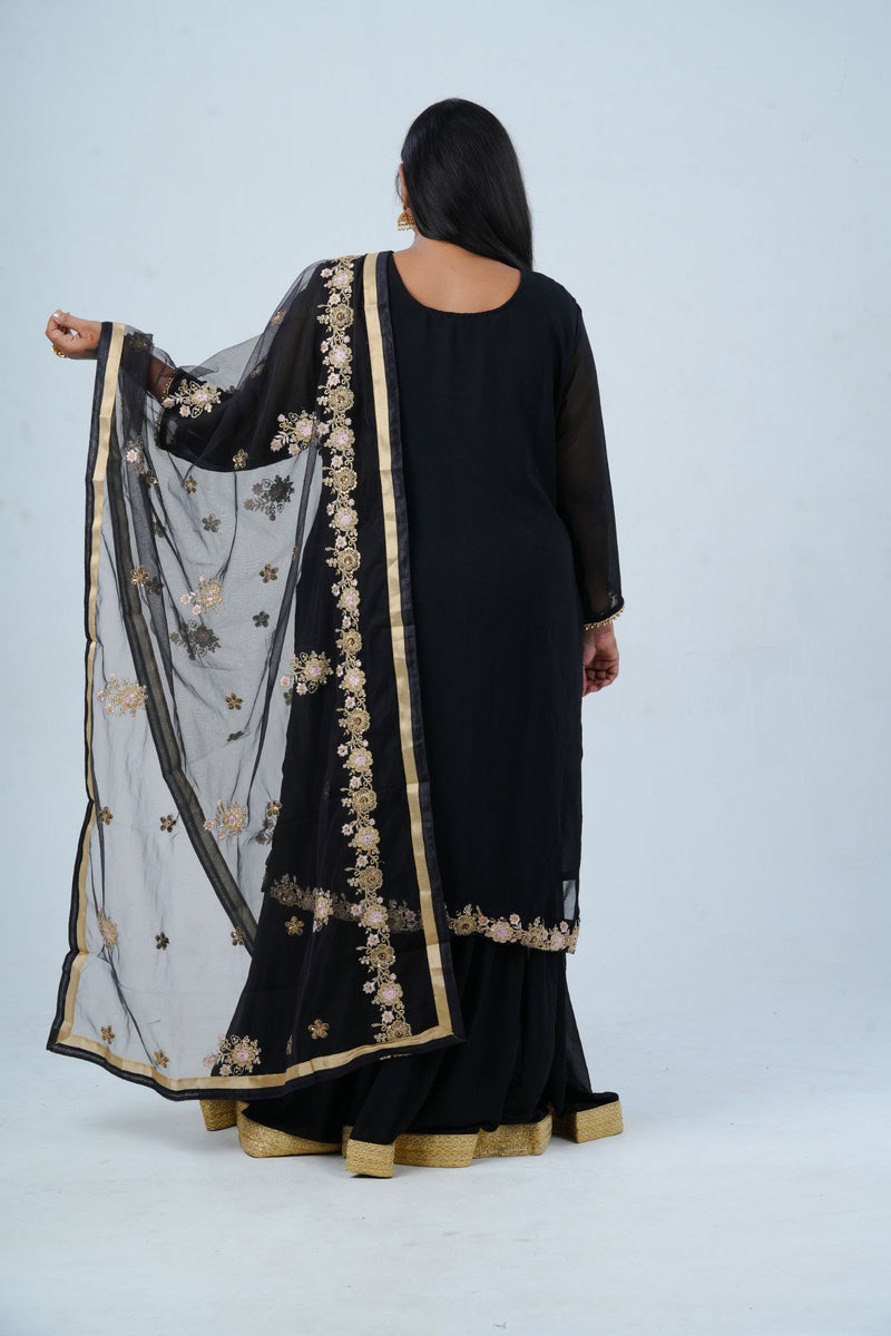 Luxurious Georgette Sharara Set - Embellished Kurti with Sequined Dupatta