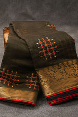 Chic Lenin Silk Embroidery Sarees: Gold Zari Weaving, Embroidery Blouse