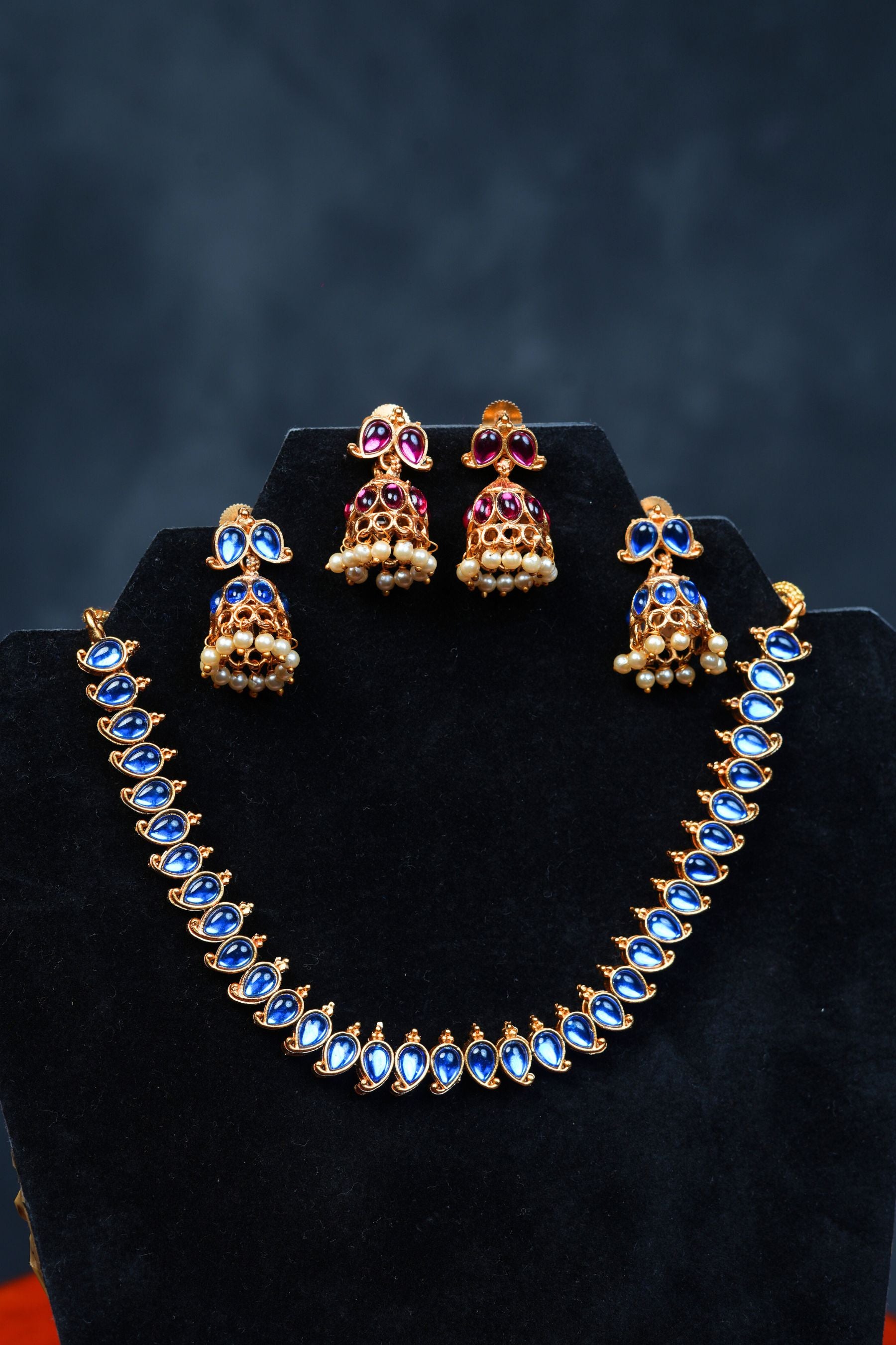 Dual Chic : Matte Finish Neckset with Pink & Blue Stones - JCSFashions Jewelry JCS Fashions Blue