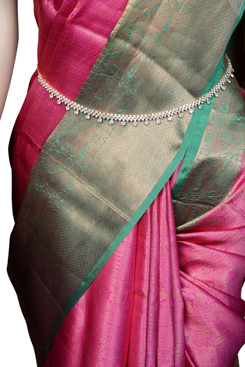 Rani Pink Banarasi Tissue Saree: Elegant Green Border &Jacquard Blouse