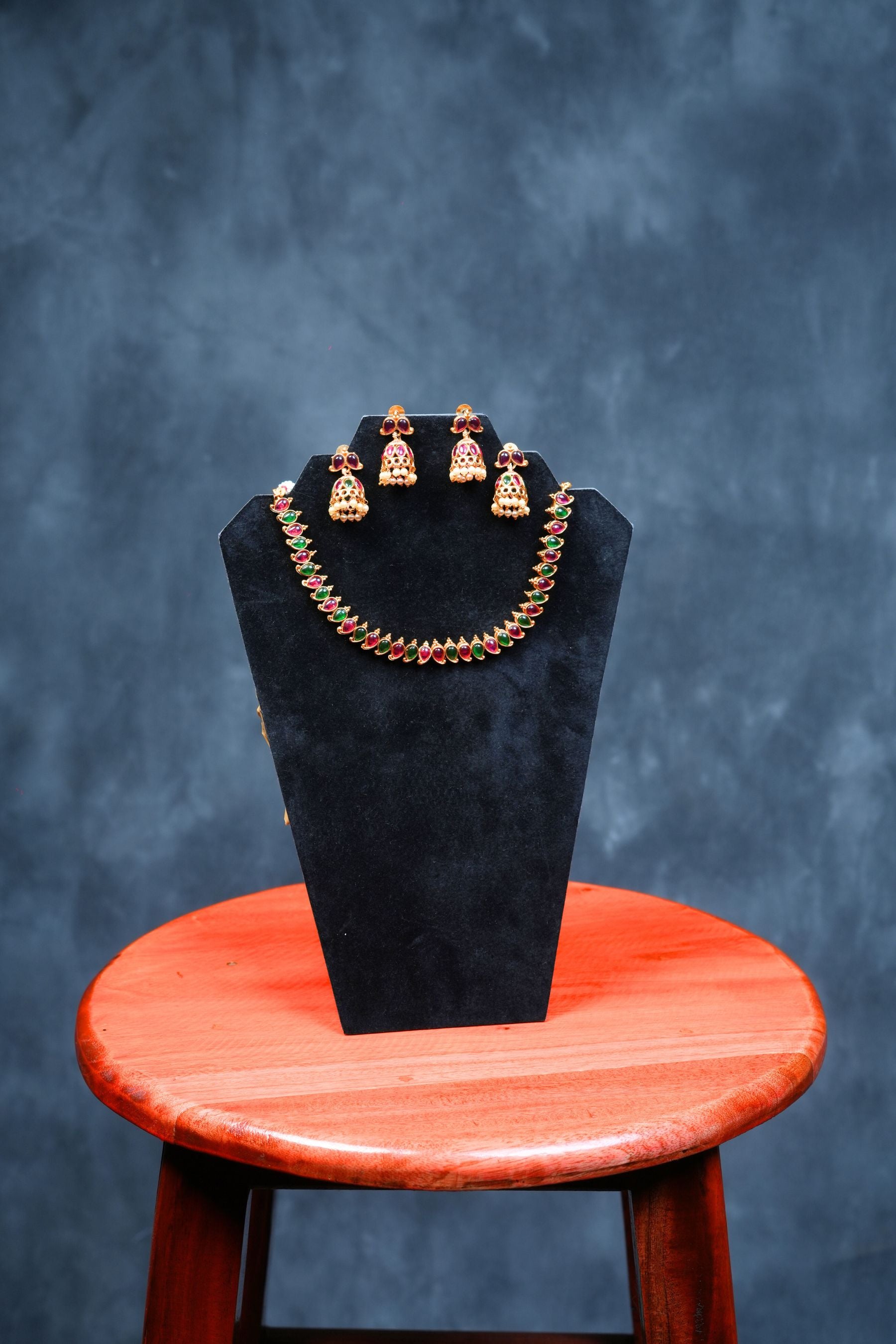 Dual Charm Delight: Matte Finish Neckset with Pink and Green Stones Jewelry JCS Fashions