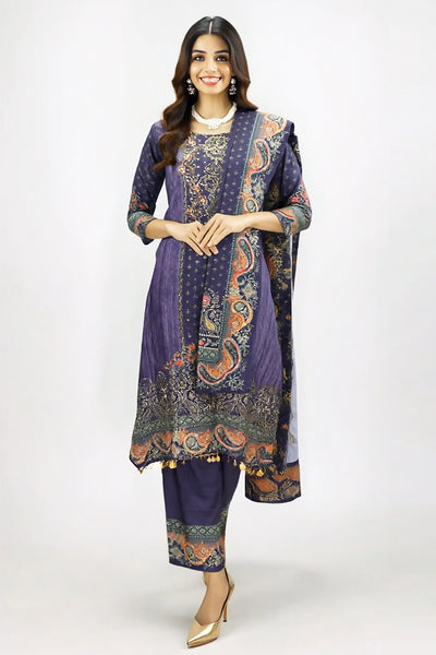 Violet Designer Crepe 3-Piece Salwar Suit with Stone & Mirror Work - AI Model Photo 1