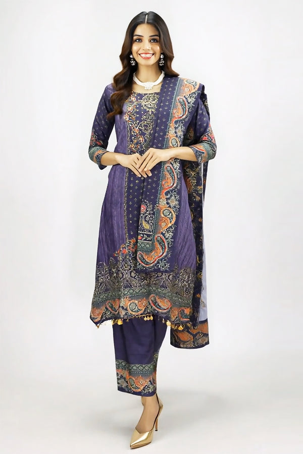 Violet Designer Crepe 3-Piece Salwar Suit with Stone & Mirror Work - AI Model Photo 1