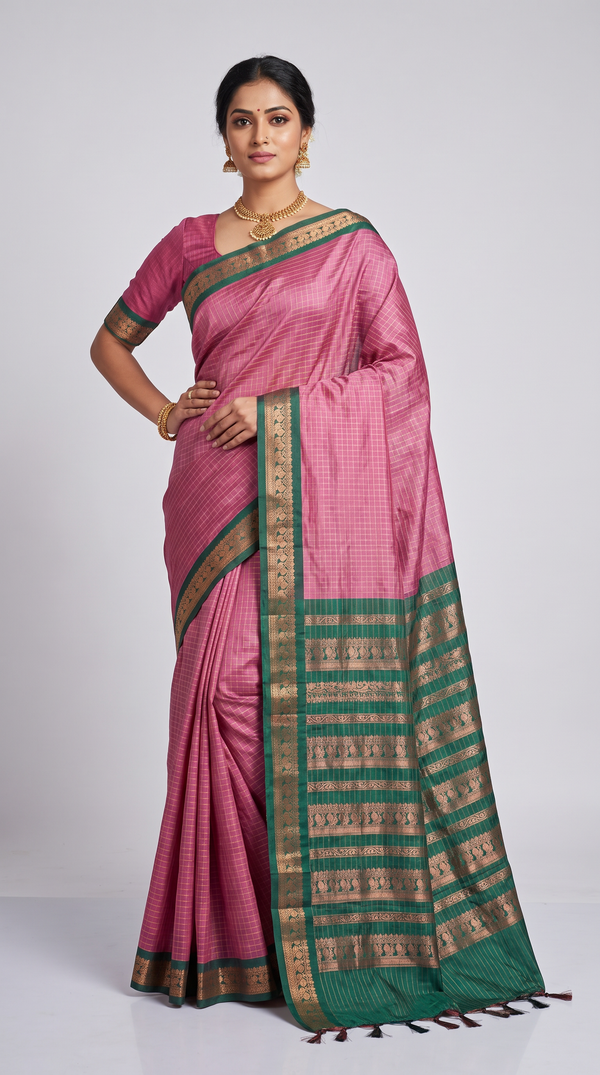 Onion Pink Cotton Kalyani Saree with Zari Checked Border and Zari Peacock Border, Blouse Included