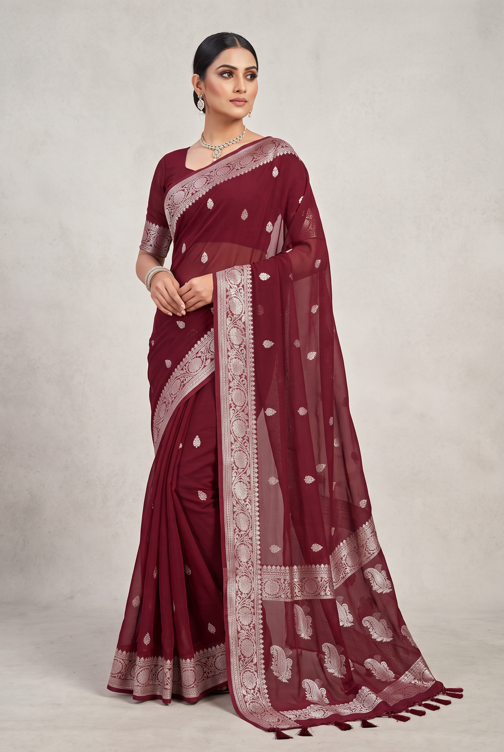 Maroon Authentic Banarasi Chiffon Saree - Silver Zari