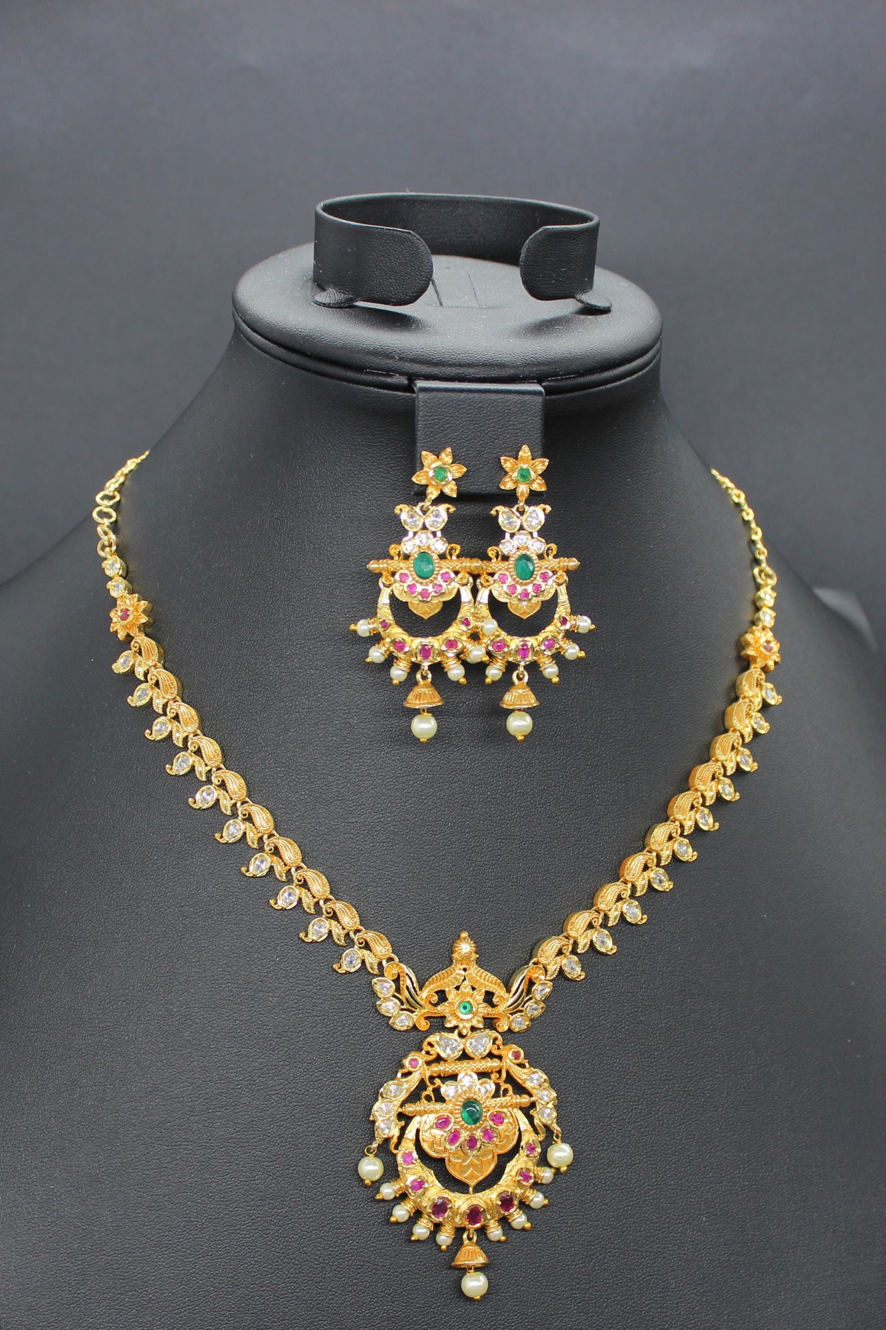 Premium Quality, Gold finish AD necklace Pink and green stone Jewelry JCS Fashions Pink and Green