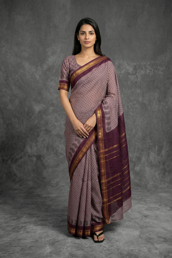 Elegant Poly Cotton Floral Brown Saree for Daily and Festive Wear - AI Model Photo 1