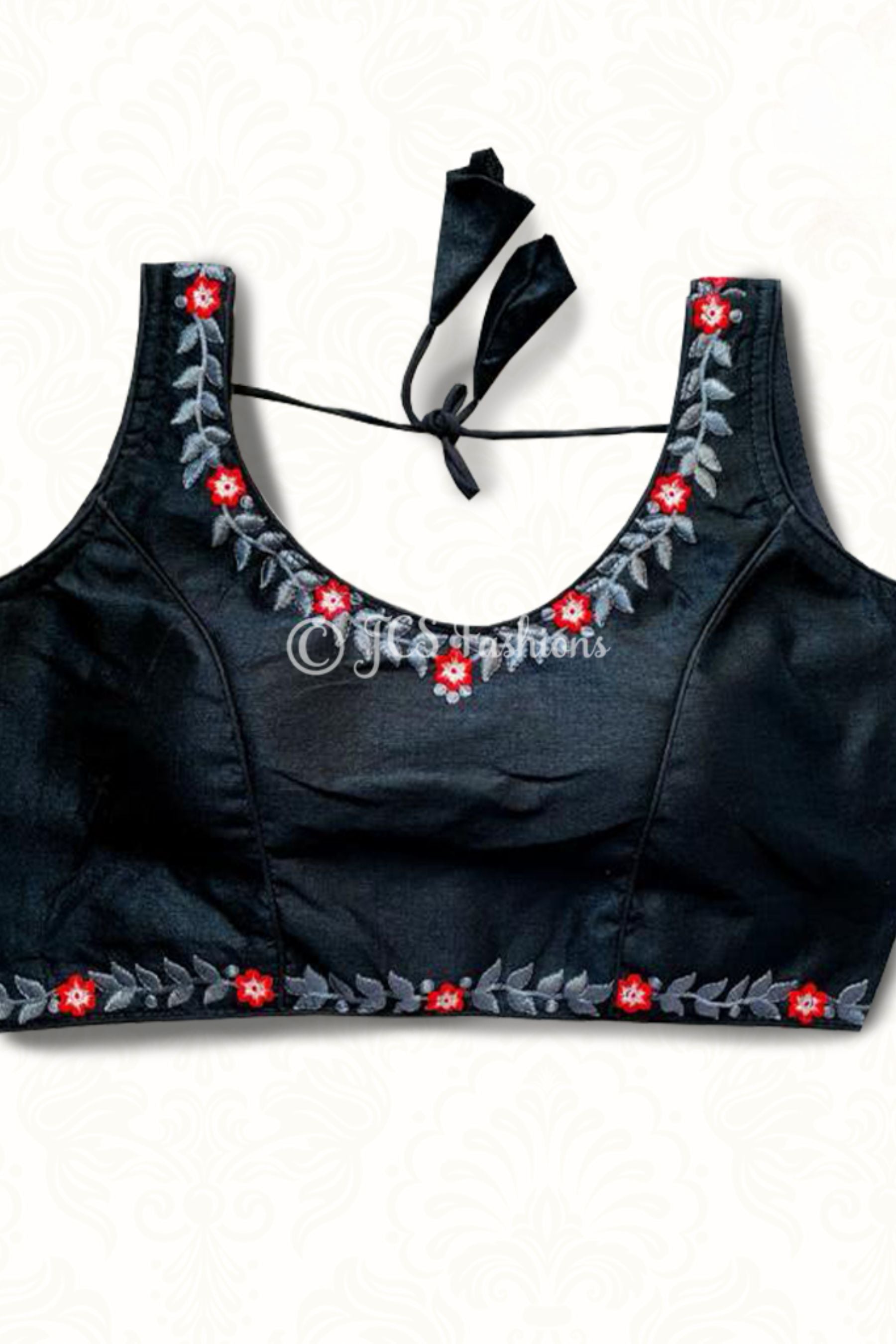 Heavy Phantom Silk Blouse with tone to tone machine embroidery work Blouse JCS Fashions Navy Blue 38