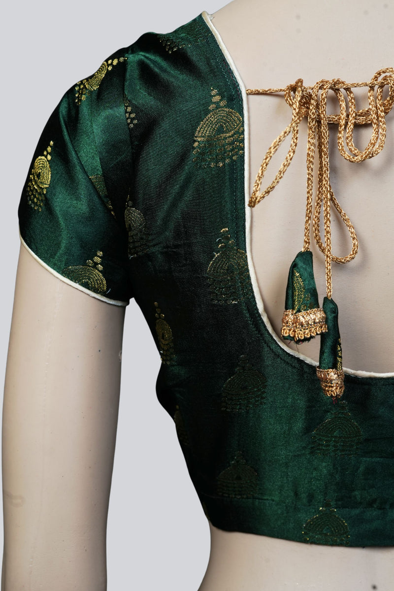 Green Brocade Blouse: Elegance Adorned with Jhumka Motifs at JCSFashions