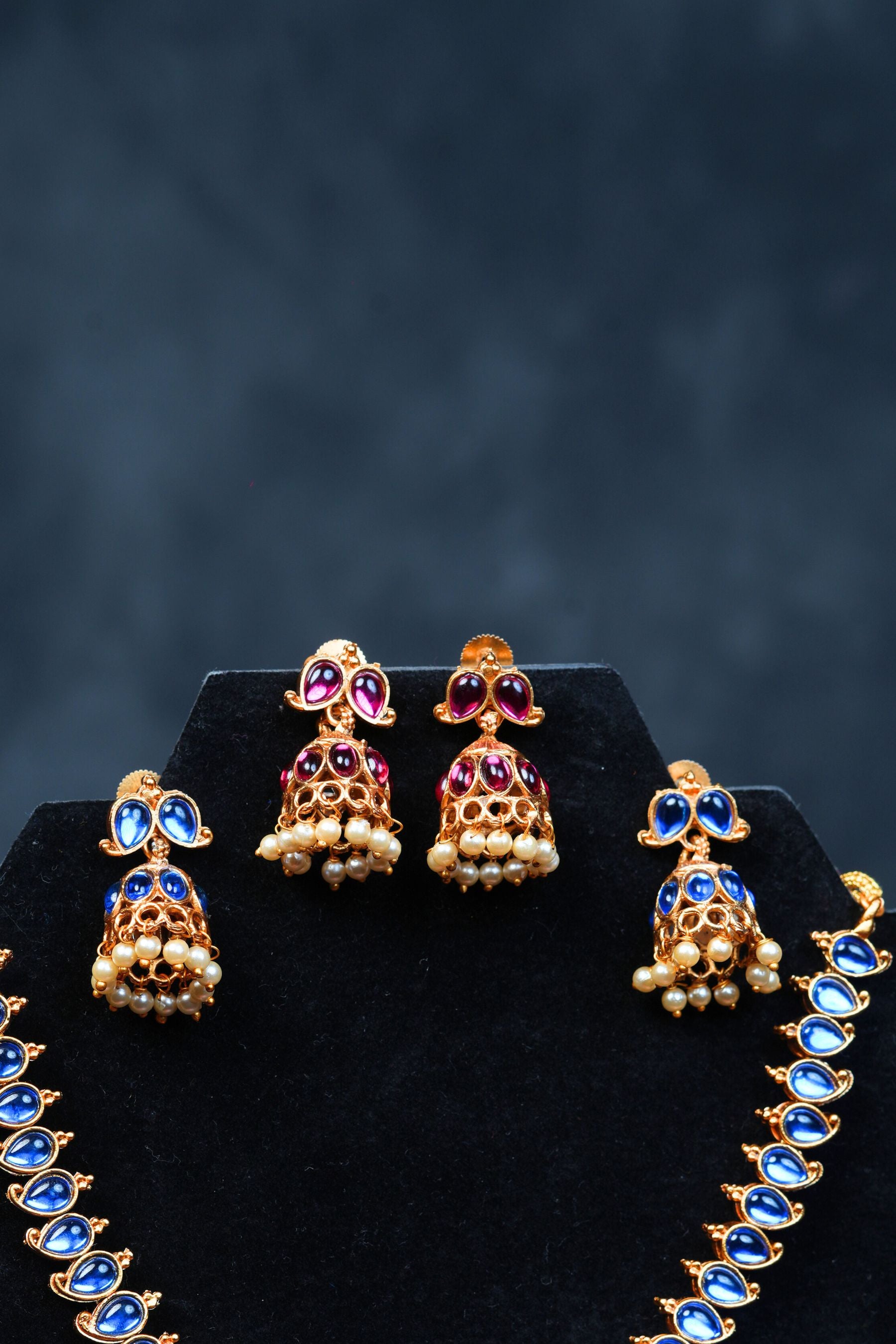 Dual Chic : Matte Finish Neckset with Pink & Blue Stones - JCSFashions Jewelry JCS Fashions