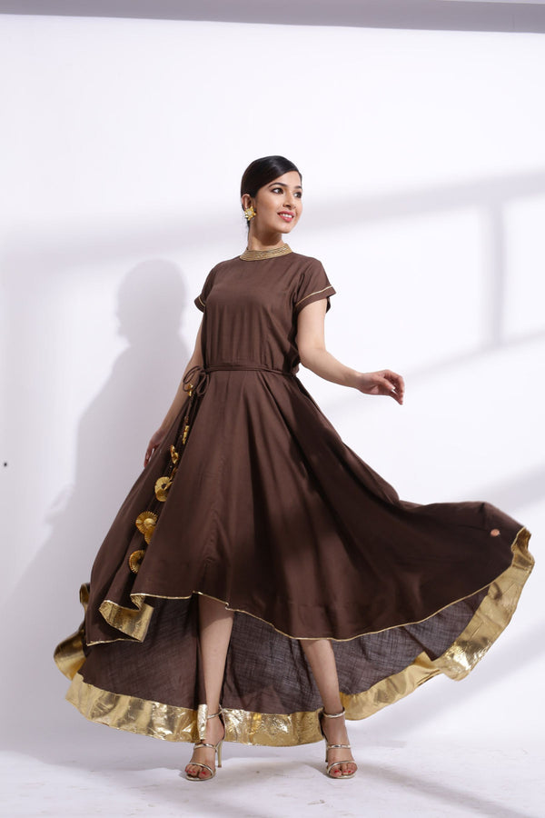 Gota Detailing Fishtail Dress brown solid -JCS Fashions