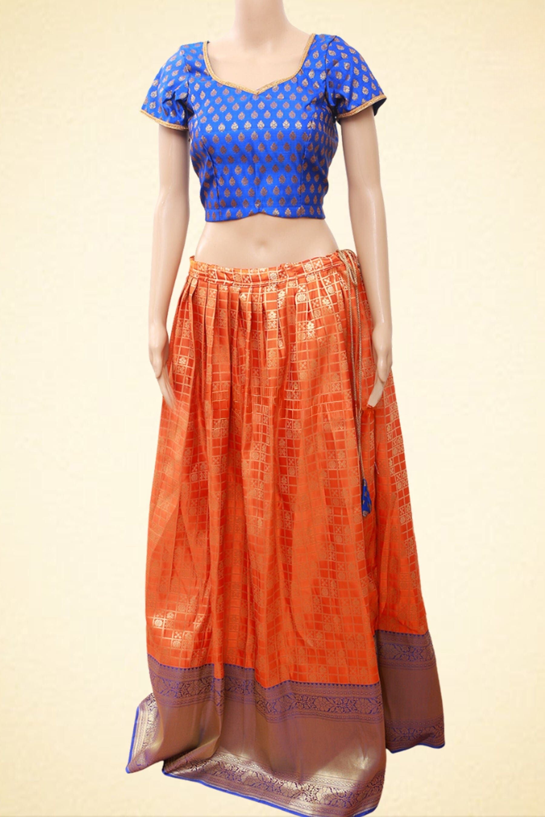 Traditional Banarasi Pattu Pavas Lehenga With Kanchi Border Blouse LEHENGA JCS Fashions Orange Small (36)