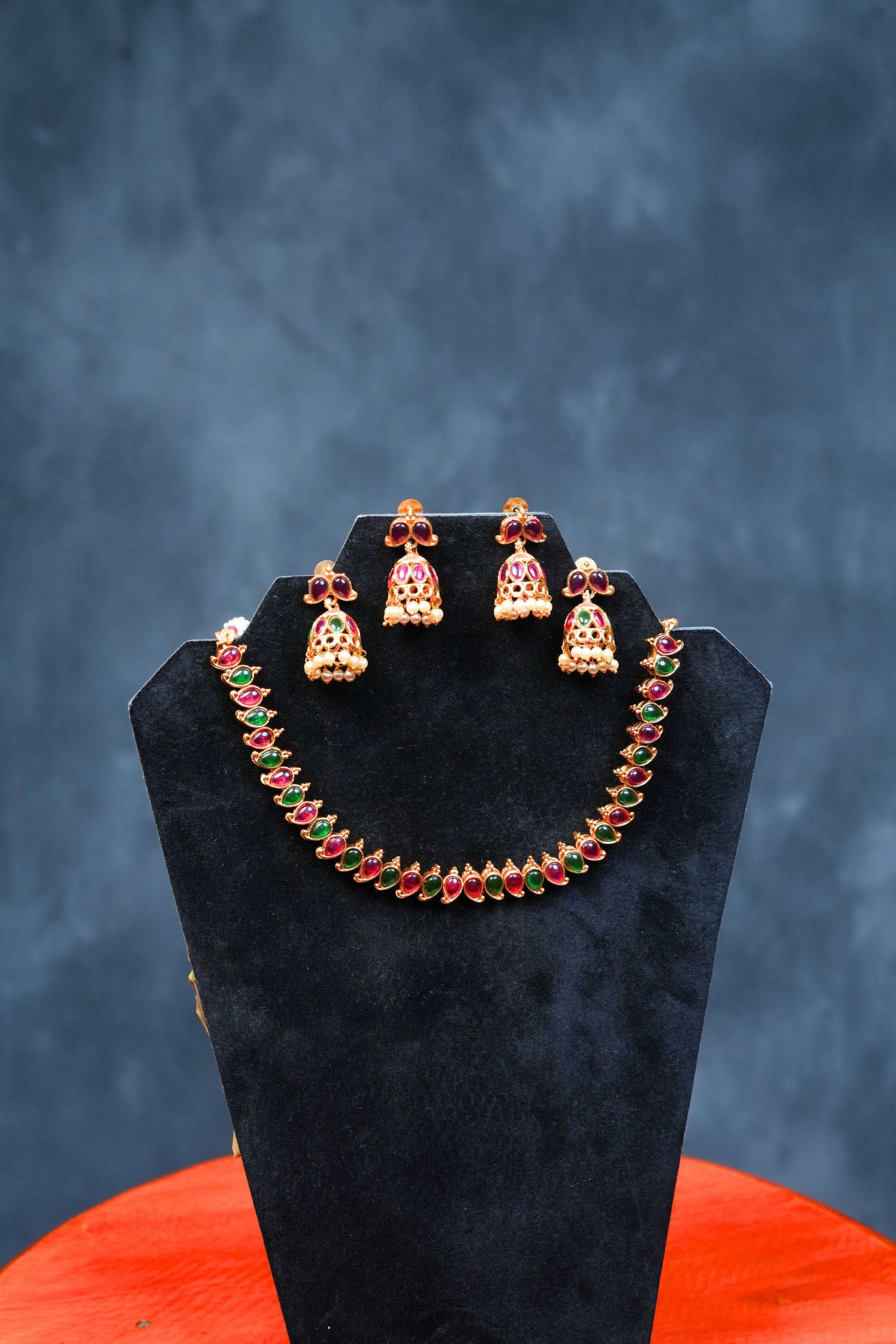 Dual Charm Delight: Matte Finish Neckset with Pink and Green Stones Jewelry JCS Fashions Red and green
