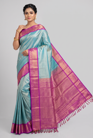 Teal Green Kanchipuram Silk Saree with Gold Zari Weave