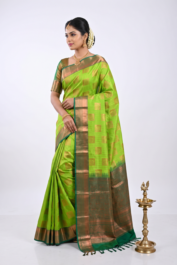 Green Kanchipuram Silk Saree with Golden Zari Lines