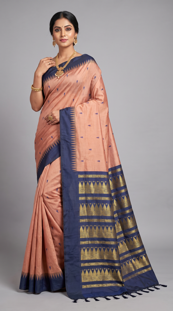 Brown Kalyani Cotton Saree with Puttas Design and Zari Border, Blouse Included