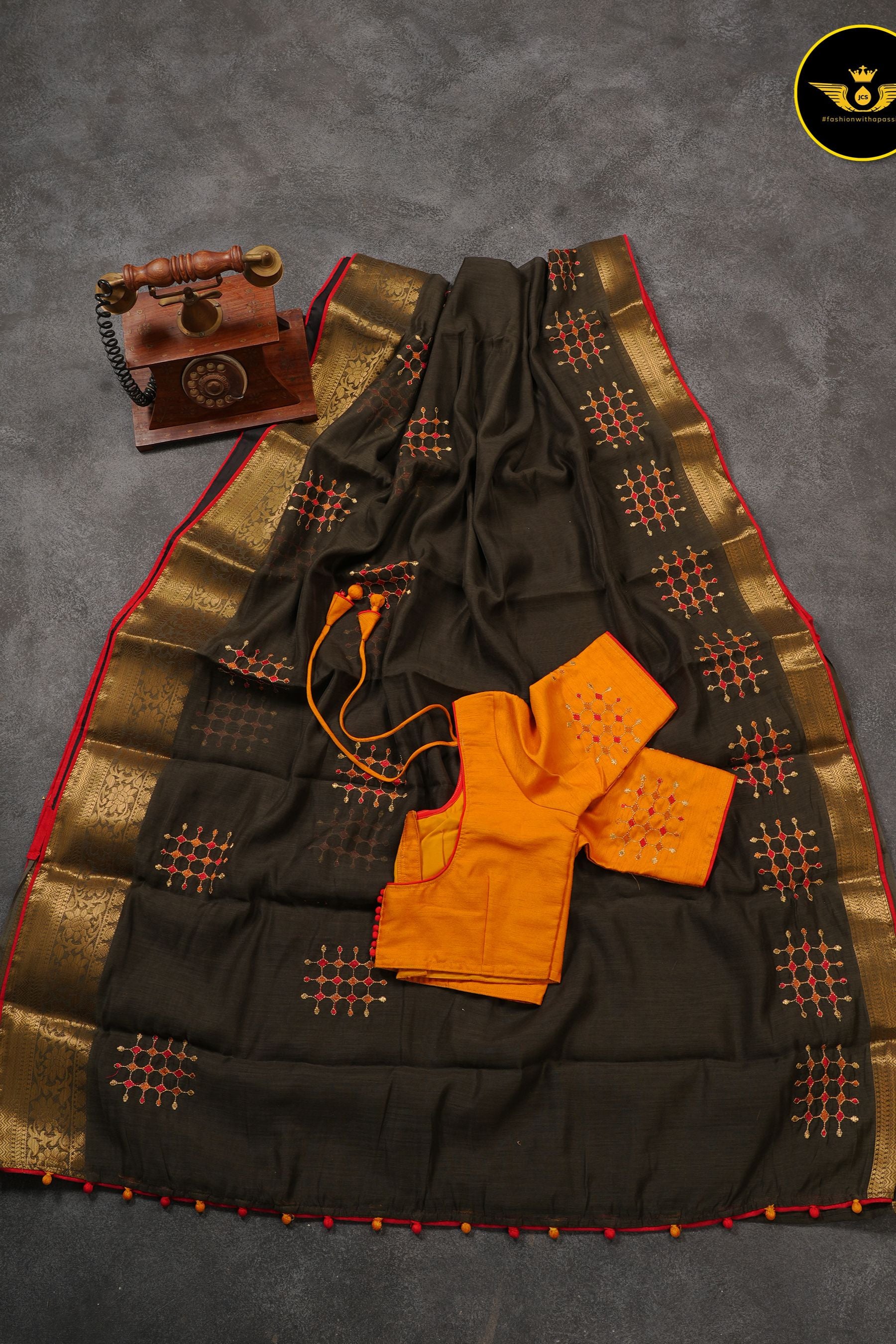 Chic Lenin Silk Embroidery Sarees: Gold Zari Weaving, Embroidery Blouse SAREE JCS Fashions