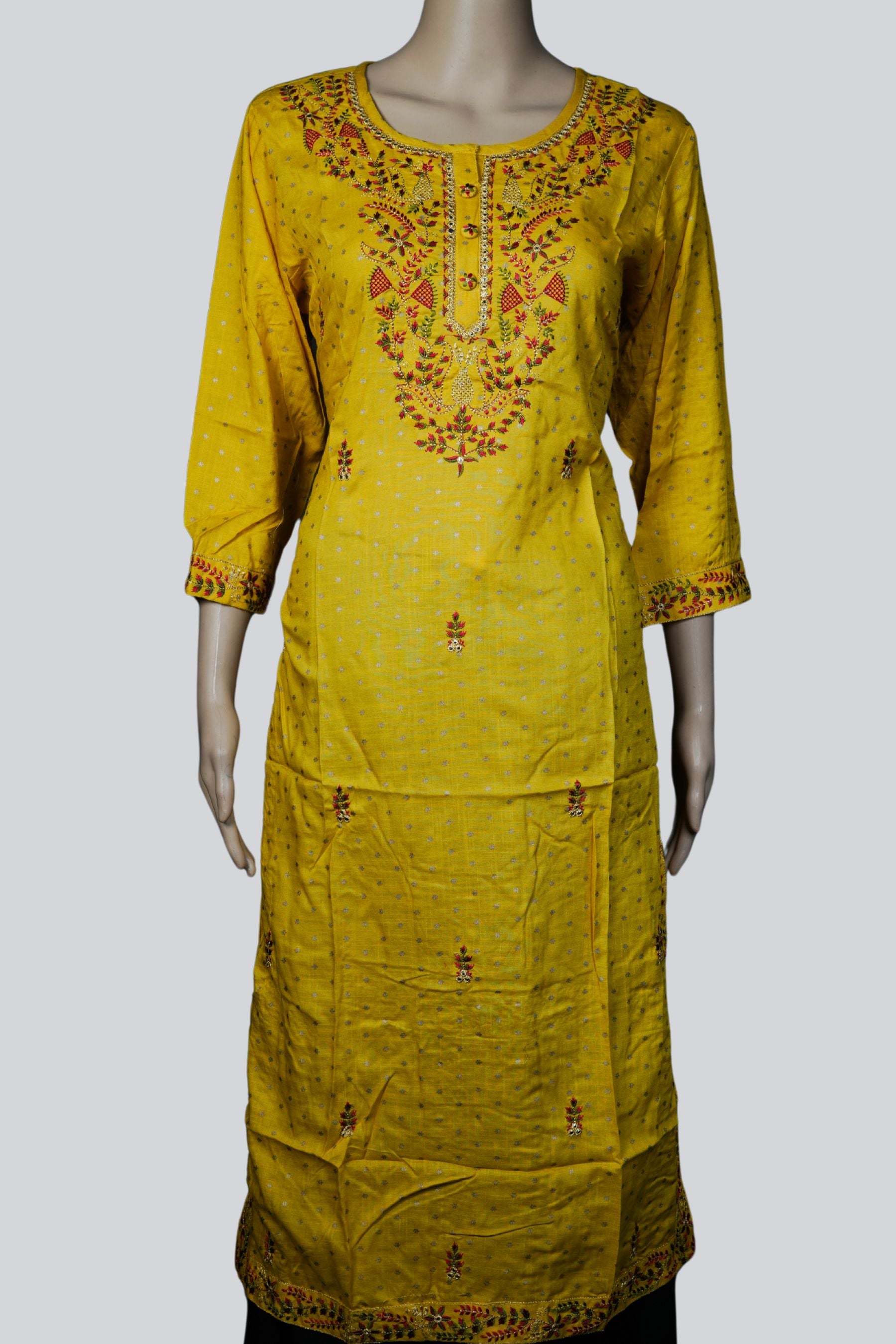 Rayon Kurti with Intricate Embroidery and Sequin Detailing – JCSFashions KURTI JCS Fashions Yellow Medium (38)