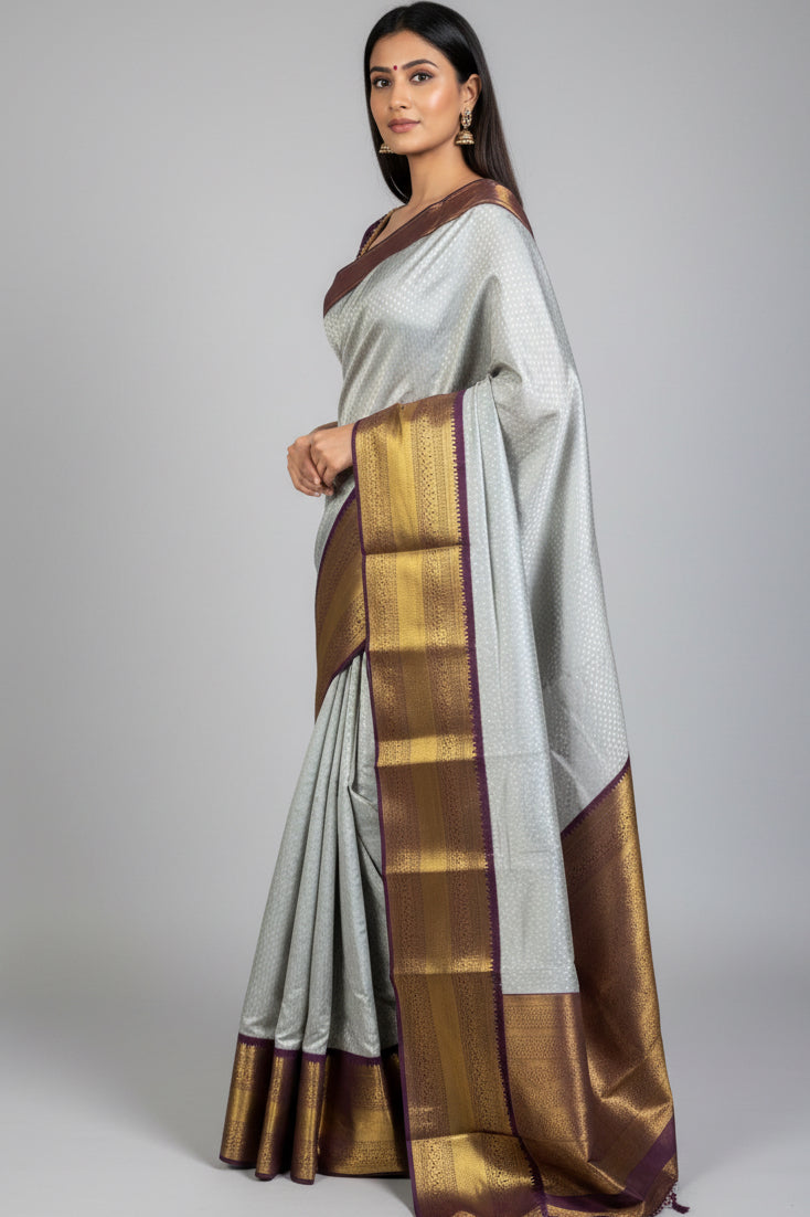 Semi-Silk Saree with Korvai pattern and Maggam Work Blouse