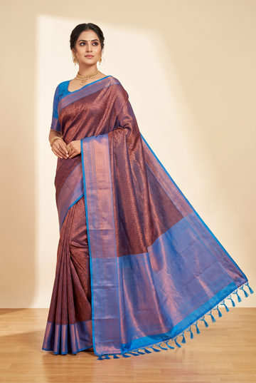 Brown Kanchipuram Silk Saree - Handwoven Golden Design