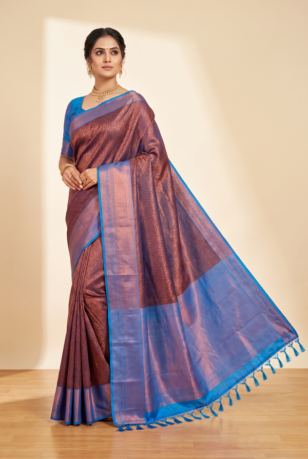 Brown Kanchipuram Silk Saree - Handwoven Golden Design