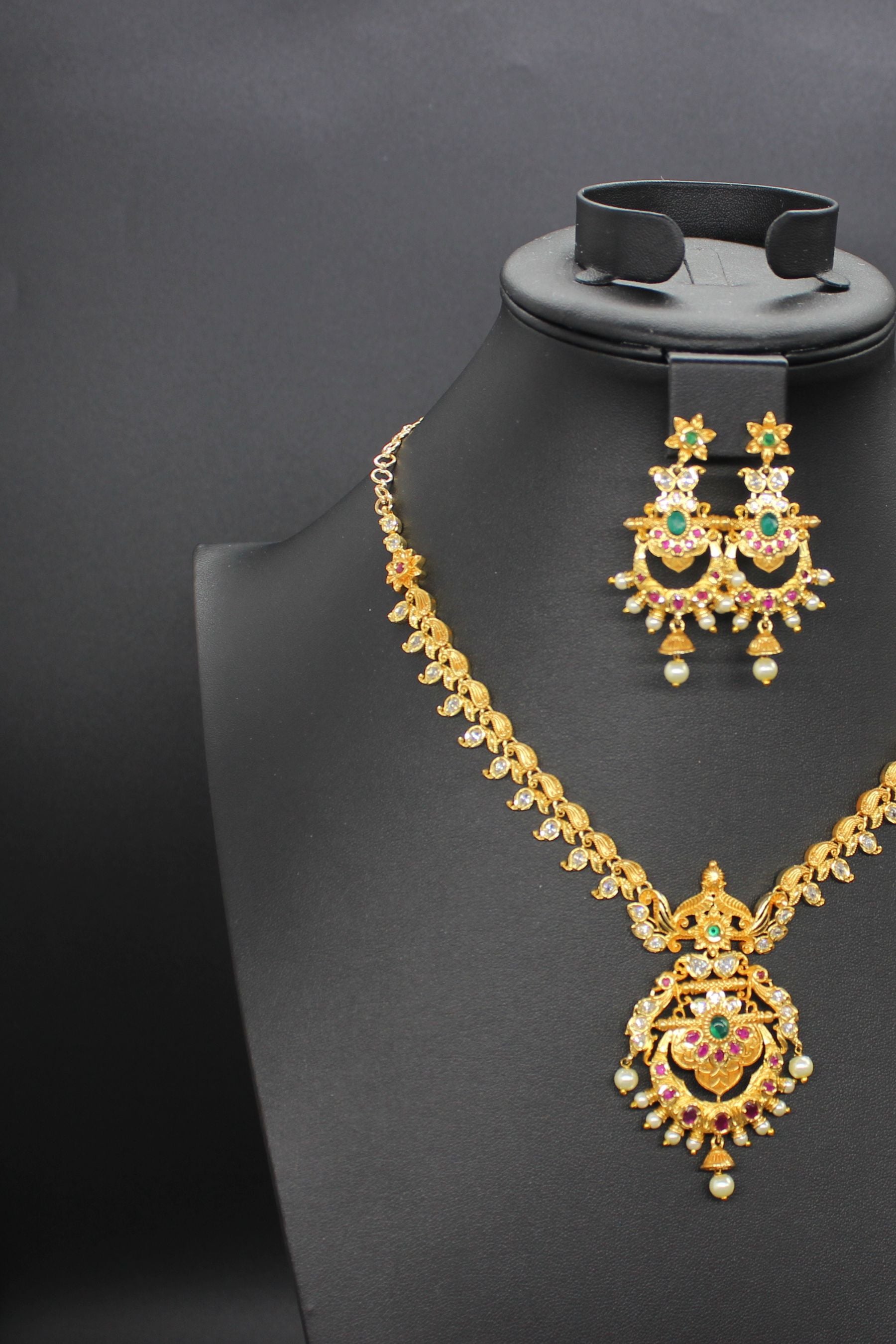 Premium Quality, Gold finish AD necklace Pink and green stone Jewelry JCS Fashions