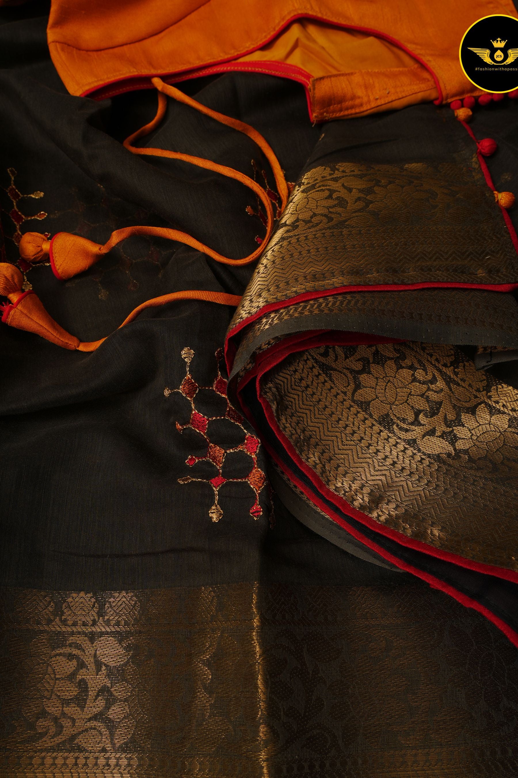 Chic Lenin Silk Embroidery Sarees: Gold Zari Weaving, Embroidery Blouse SAREE JCS Fashions
