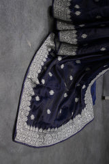 Luxe Heavy Tussar Silk Saree with Silver Jari Embroidery & Stone Work