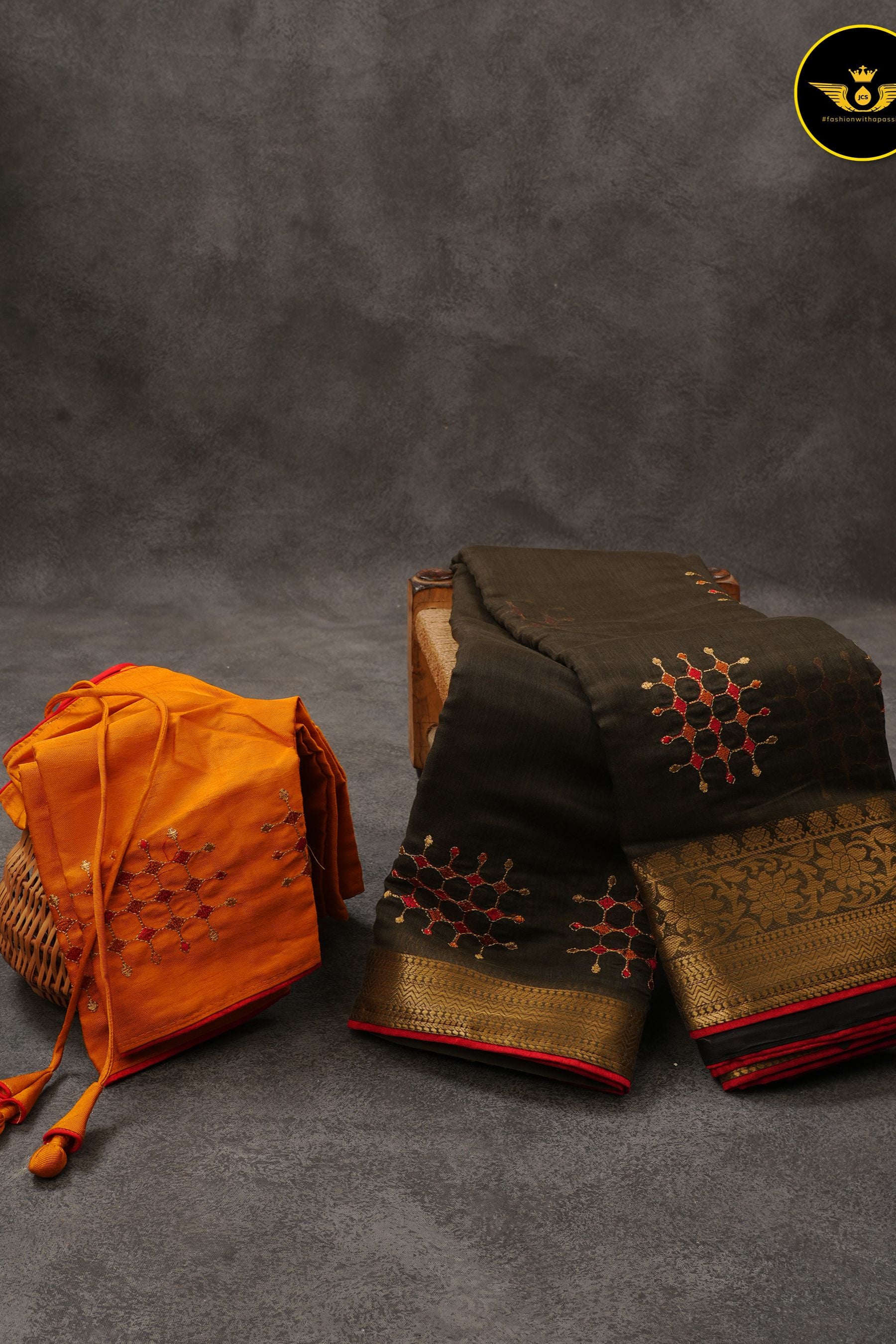 Chic Lenin Silk Embroidery Sarees: Gold Zari Weaving, Embroidery Blouse SAREE JCS Fashions
