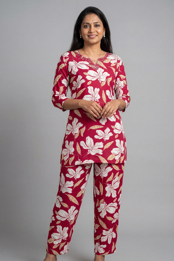 Vivid Maroon Rayon 2 Piece Set with Elastic Pants - AI Model Photo 1
