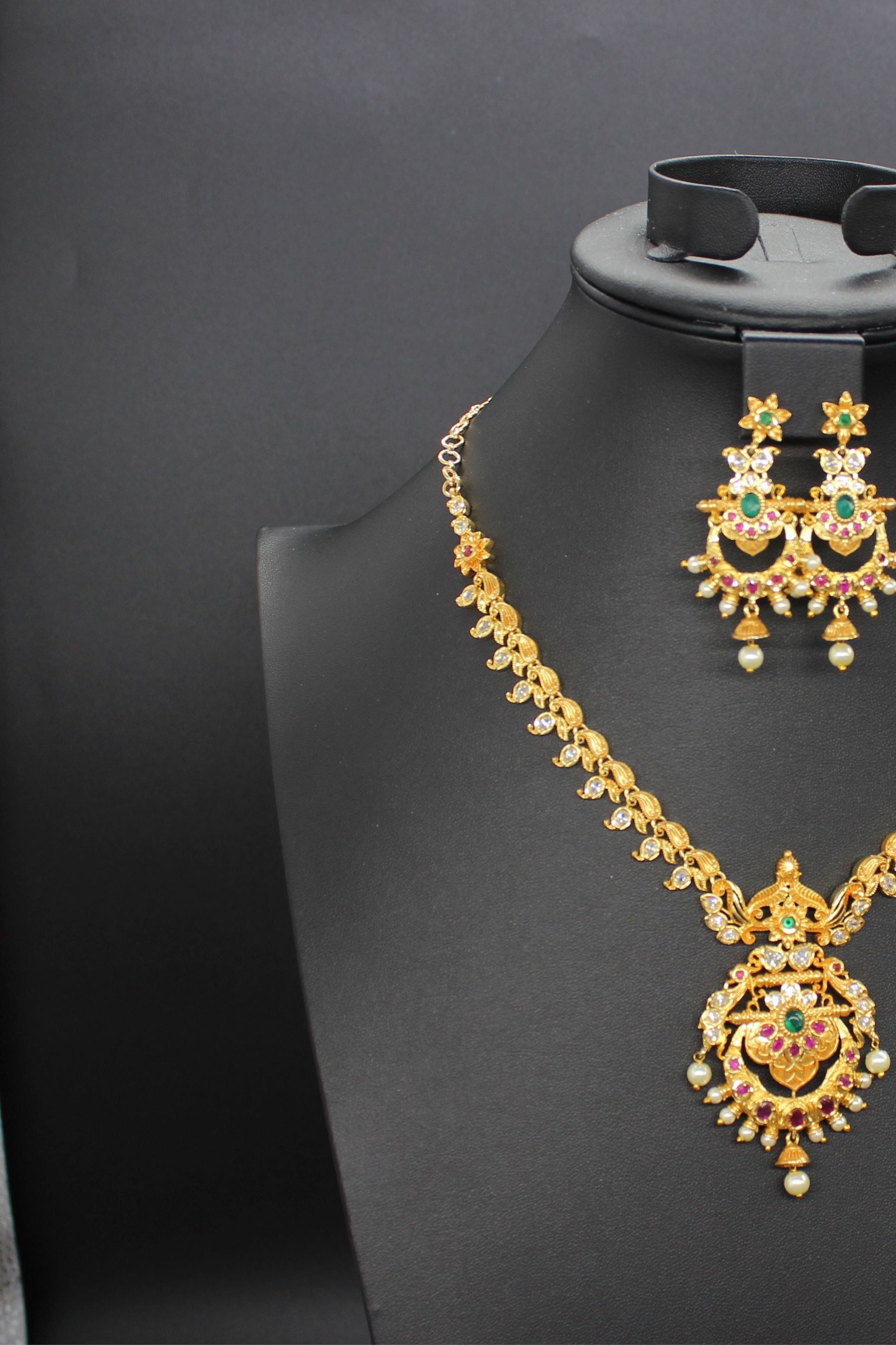 Premium Quality, Gold finish AD necklace Pink and green stone Jewelry JCS Fashions