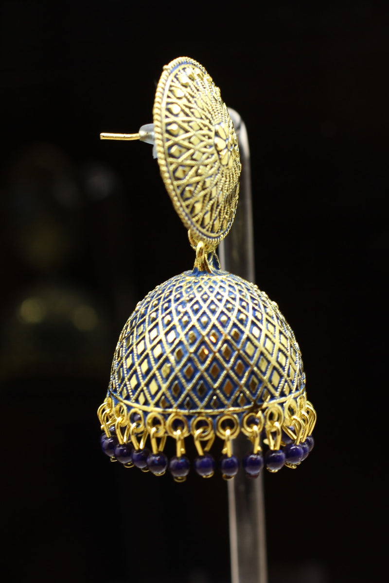 Enamel Jhumka Earrings: Oxidized Gold Polish, Hanging Beads, 2-Inch Height