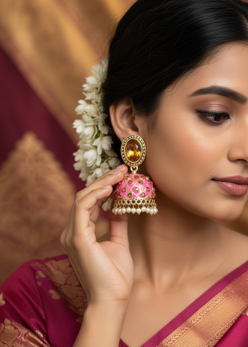 Peach Kundan Jhumka Earrings With stones. Multiple