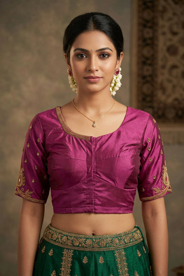 Maroon Heavy Maggam Bridal Blouse - Fancy Tassels — front pose