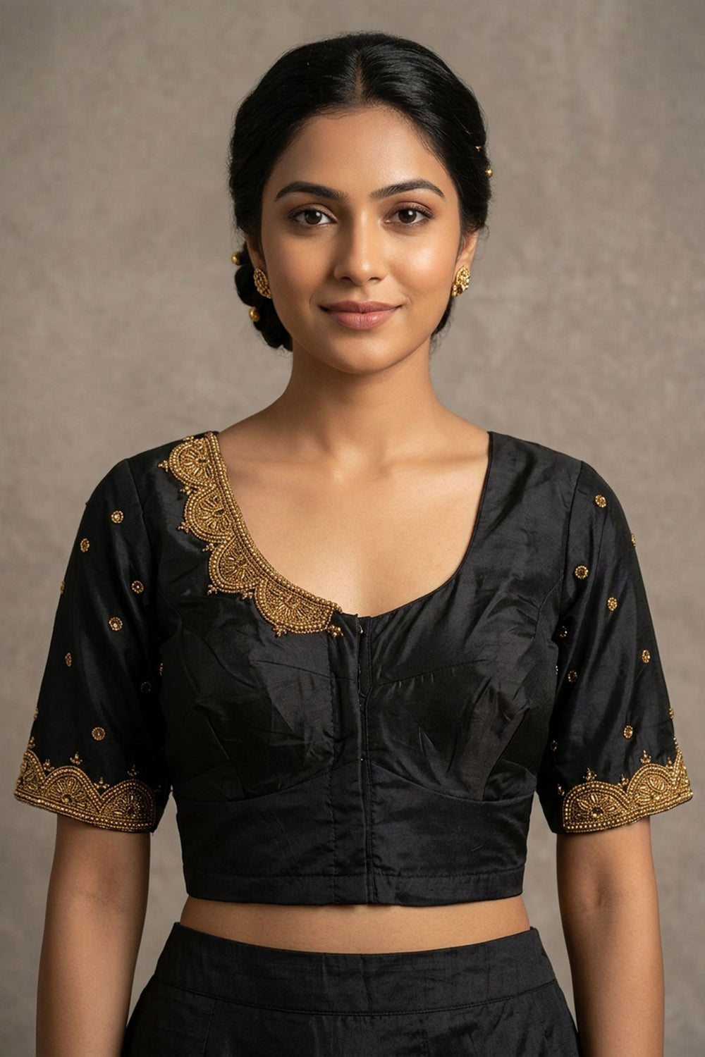 Black Maggam Work Bridal Blouse - Fancy Tassels — front pose