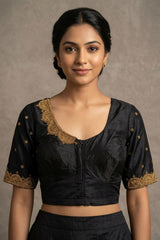 Black Maggam Work Bridal Blouse - Fancy Tassels — front pose